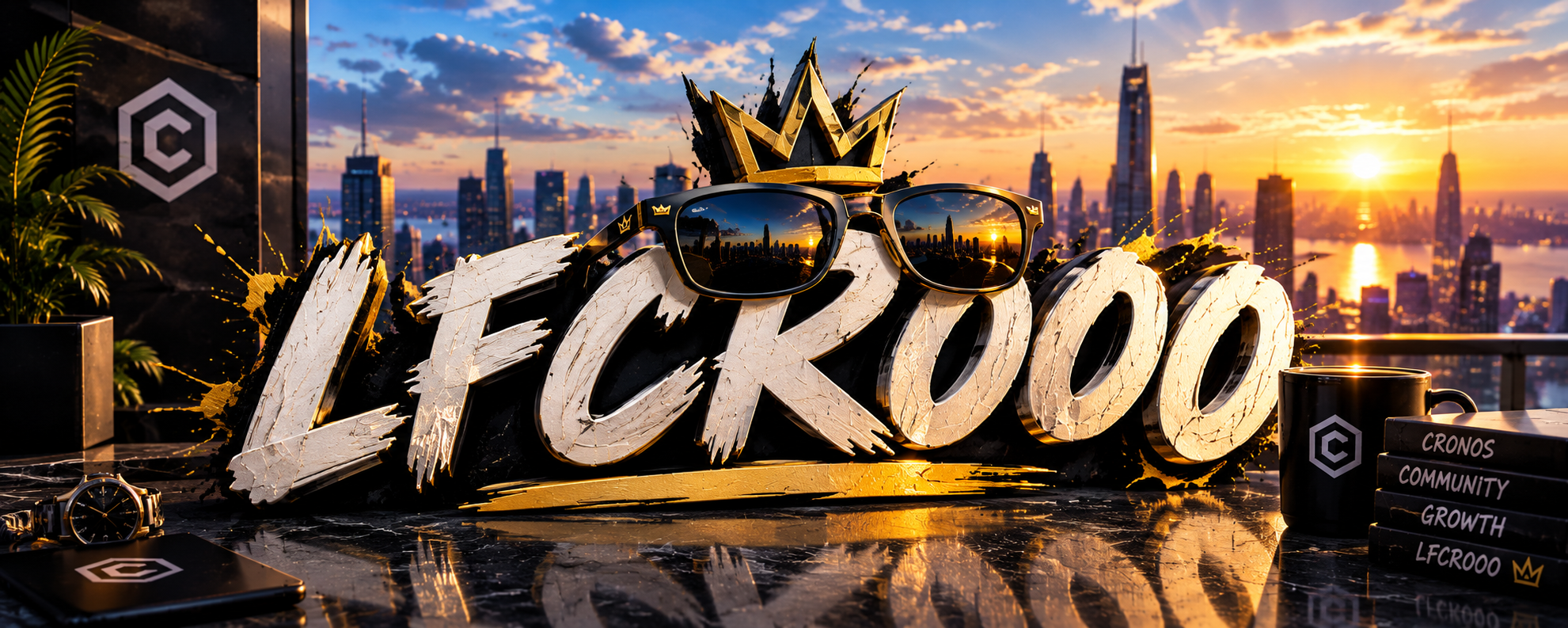 LFCROOO banner: gold crown and sunglasses over the LFCROOO lettering with a sunset Cronos skyline